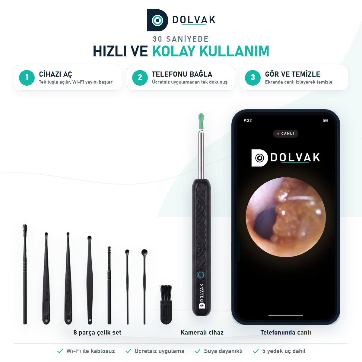 Dolvak Kameralı Kulak Temizleme Cihazı — 1296P HD Wi-Fi