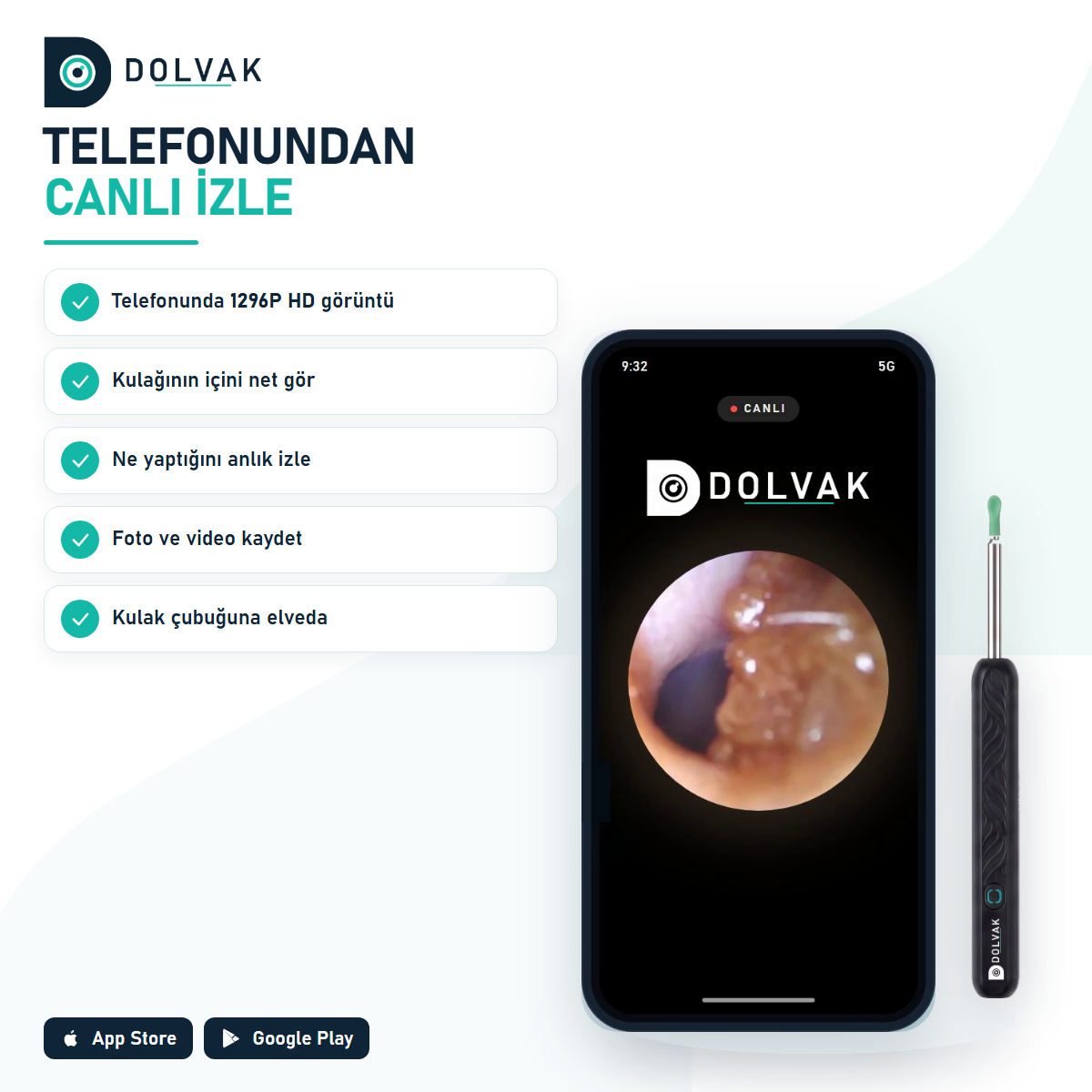 Dolvak Kameralı Kulak Temizleme Cihazı — 1296P HD Wi-Fi